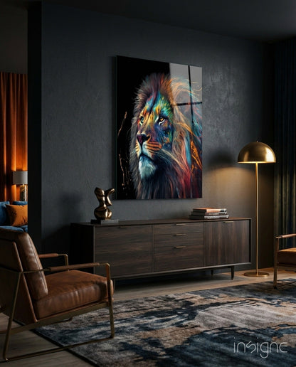 Tall Rainbow Mane Gazing Lion Glass Wall Art