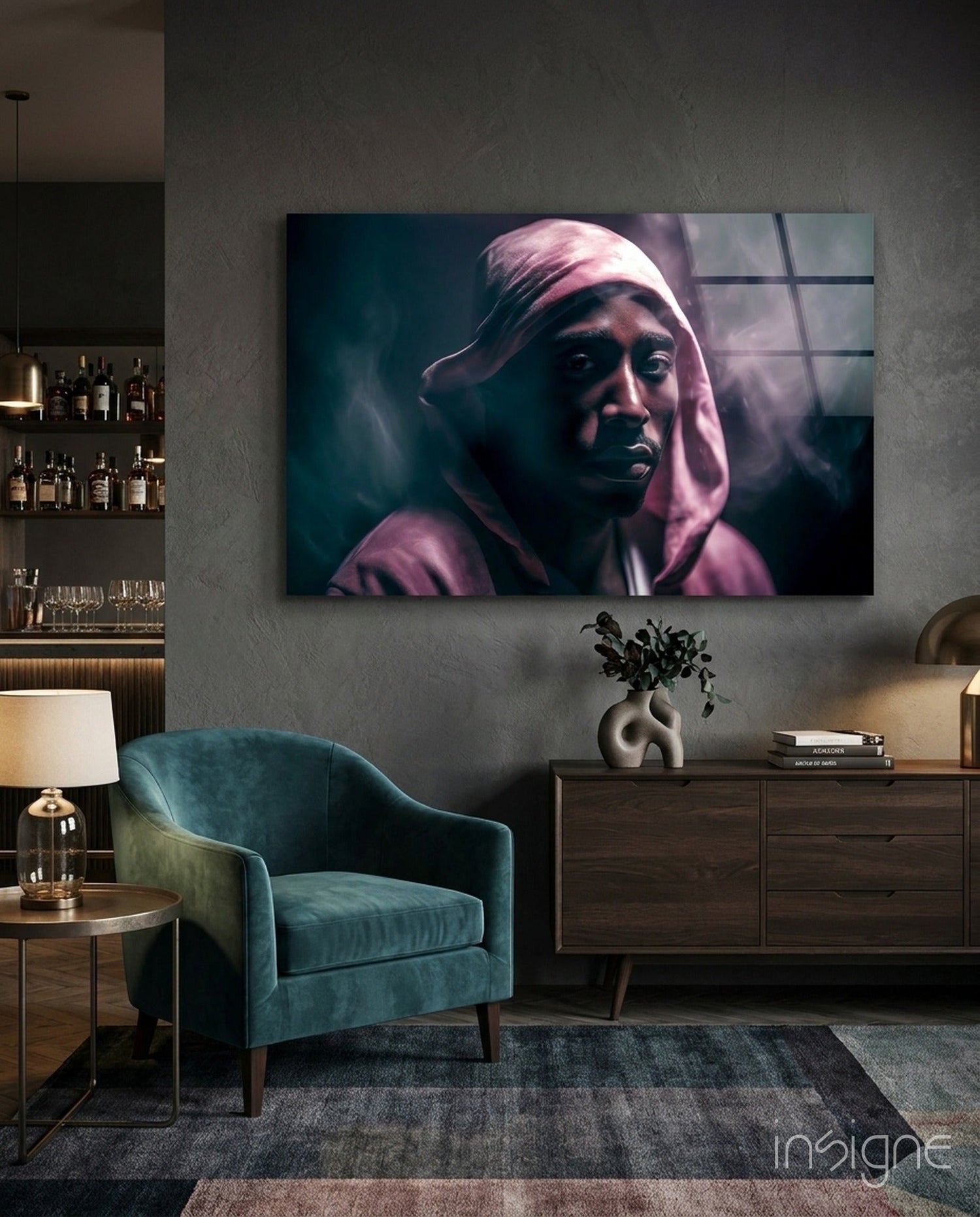 Pink Hood Teal Smoke Rapper Glass Wall Art