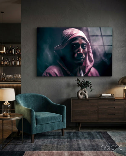 Pink Hood Teal Smoke Rapper Glass Wall Art