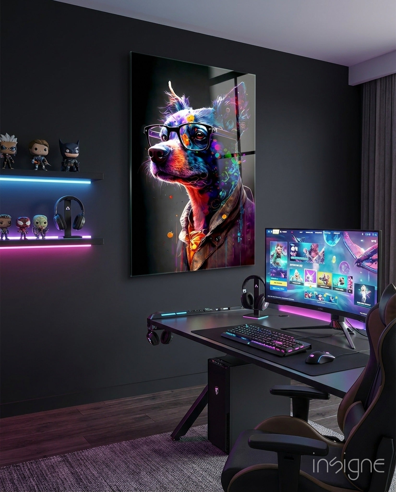 Neon Splash Dog in Glasses and Suit Glass Wall Art