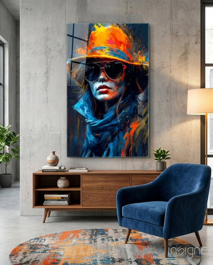 Orange Hat Sunglasses Paint Splash Woman Glass Wall Art