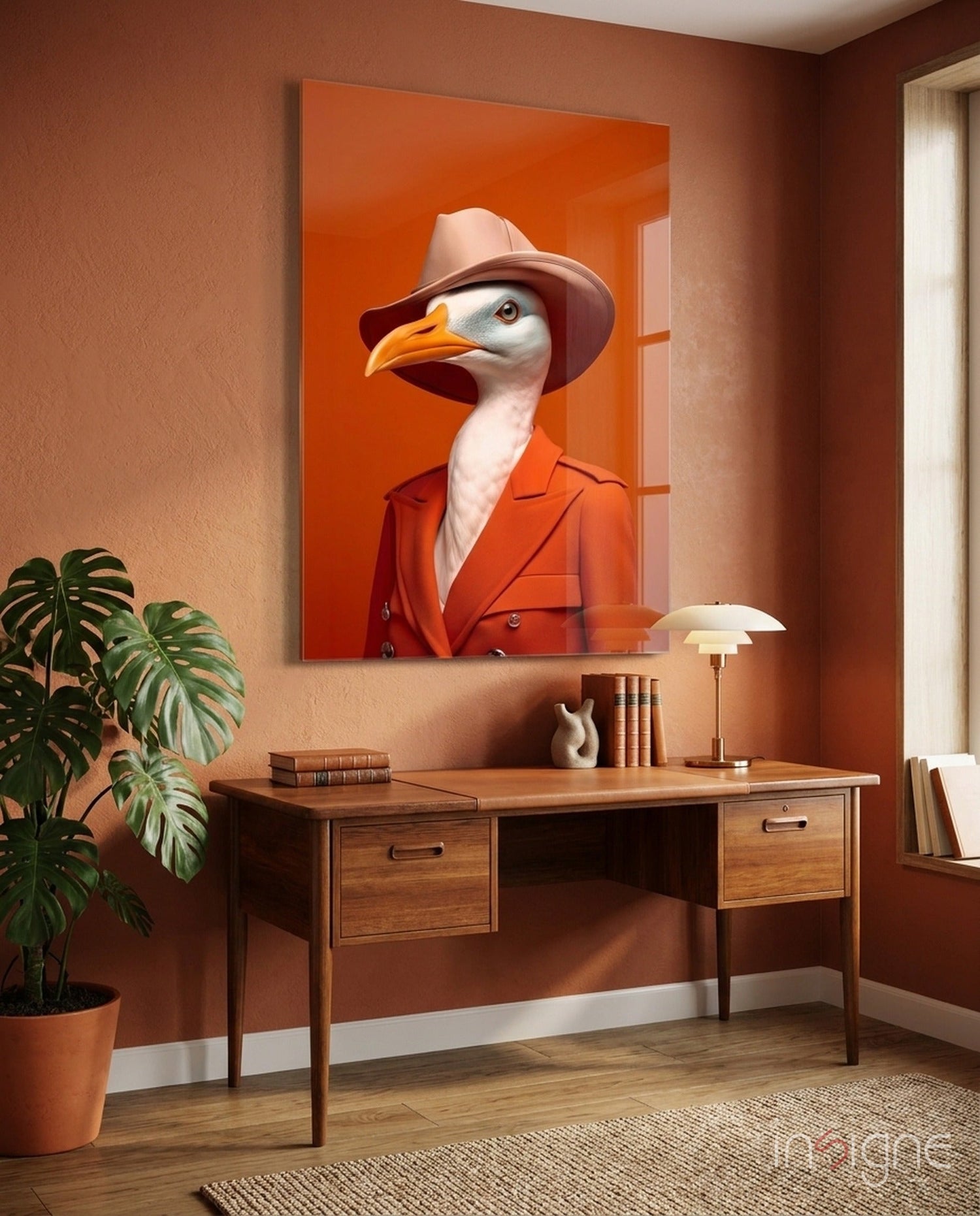 Seagull in Orange Coat and Fedora Glass Wall Art