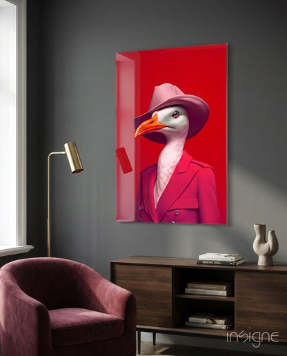 Seagull in Hot Pink Suit and Hat Glass Wall Art