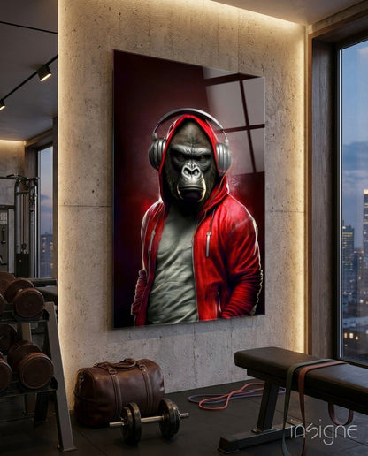 Gorilla in Red Hoodie With Headphones Glass Wall Art