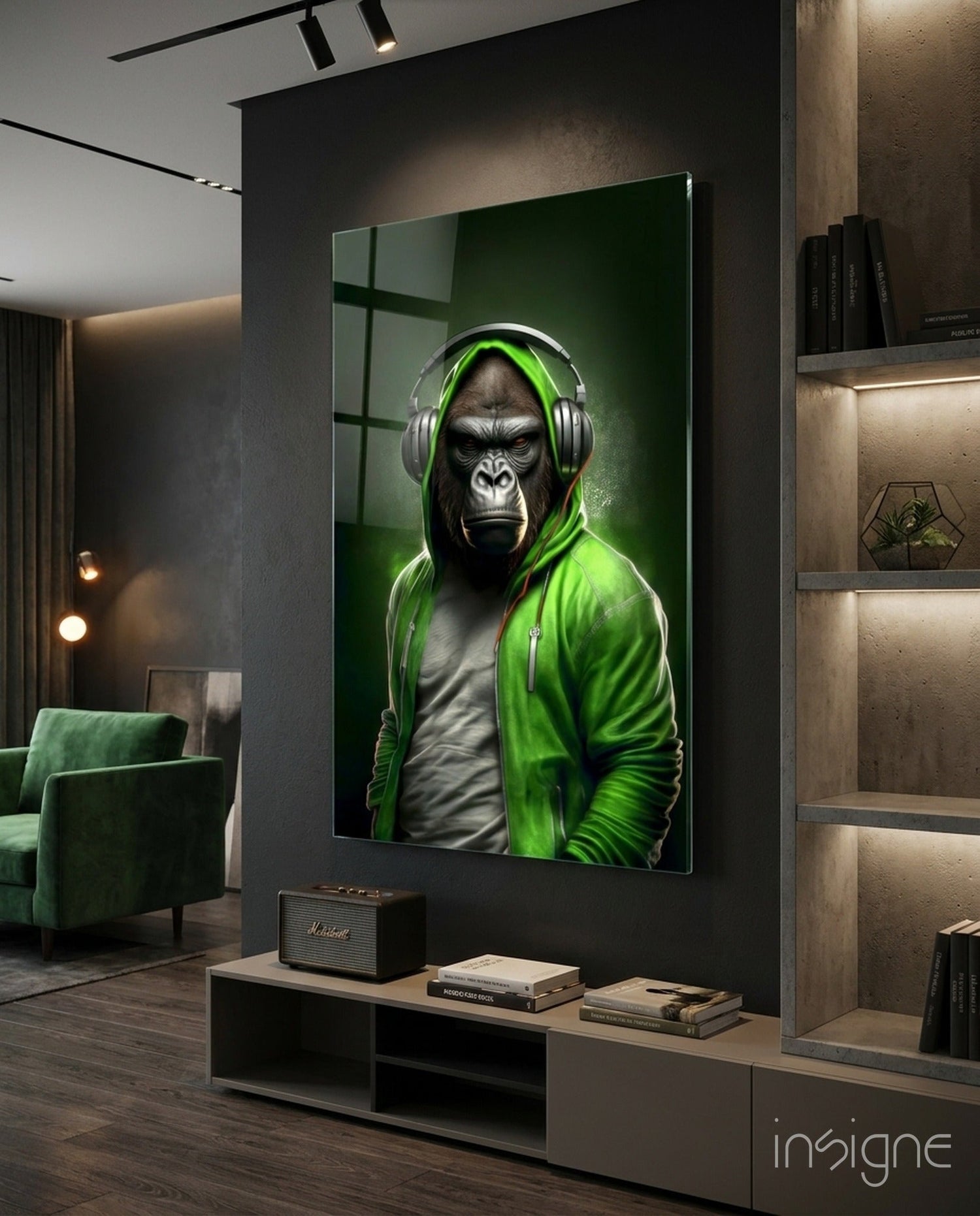 Gorilla in Lime Green Hoodie Headphones Glass Wall Art