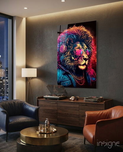 Neon Lion With Headphones and Shades Glass Wall Art