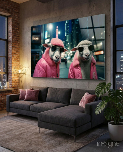 Sheep Duo in Pink Puffer Jackets Glass Wall Art