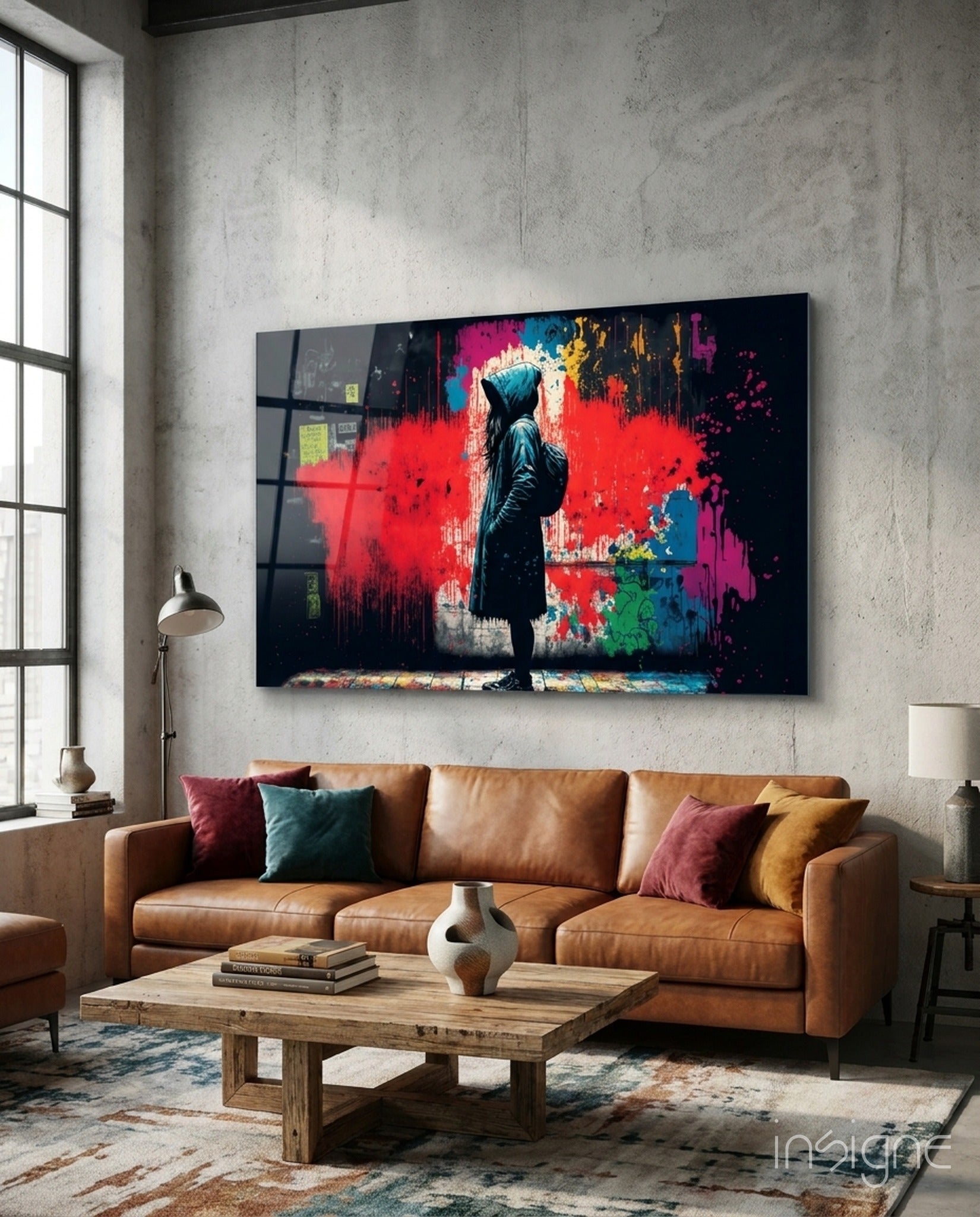 Hooded Kid Facing Red Paint Splash Glass Wall Art
