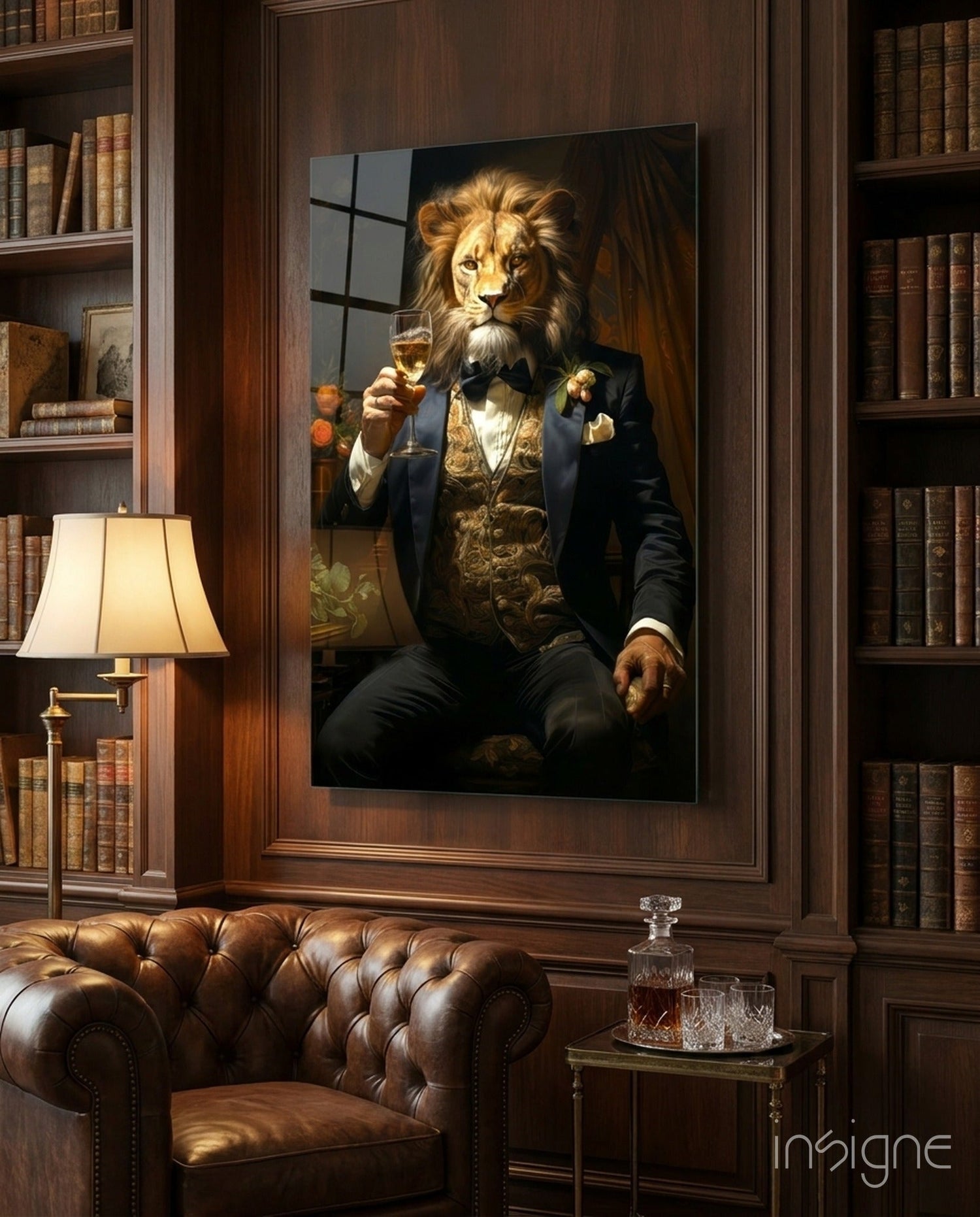 Tuxedo Lion with Wine by Window Glass Wall Art