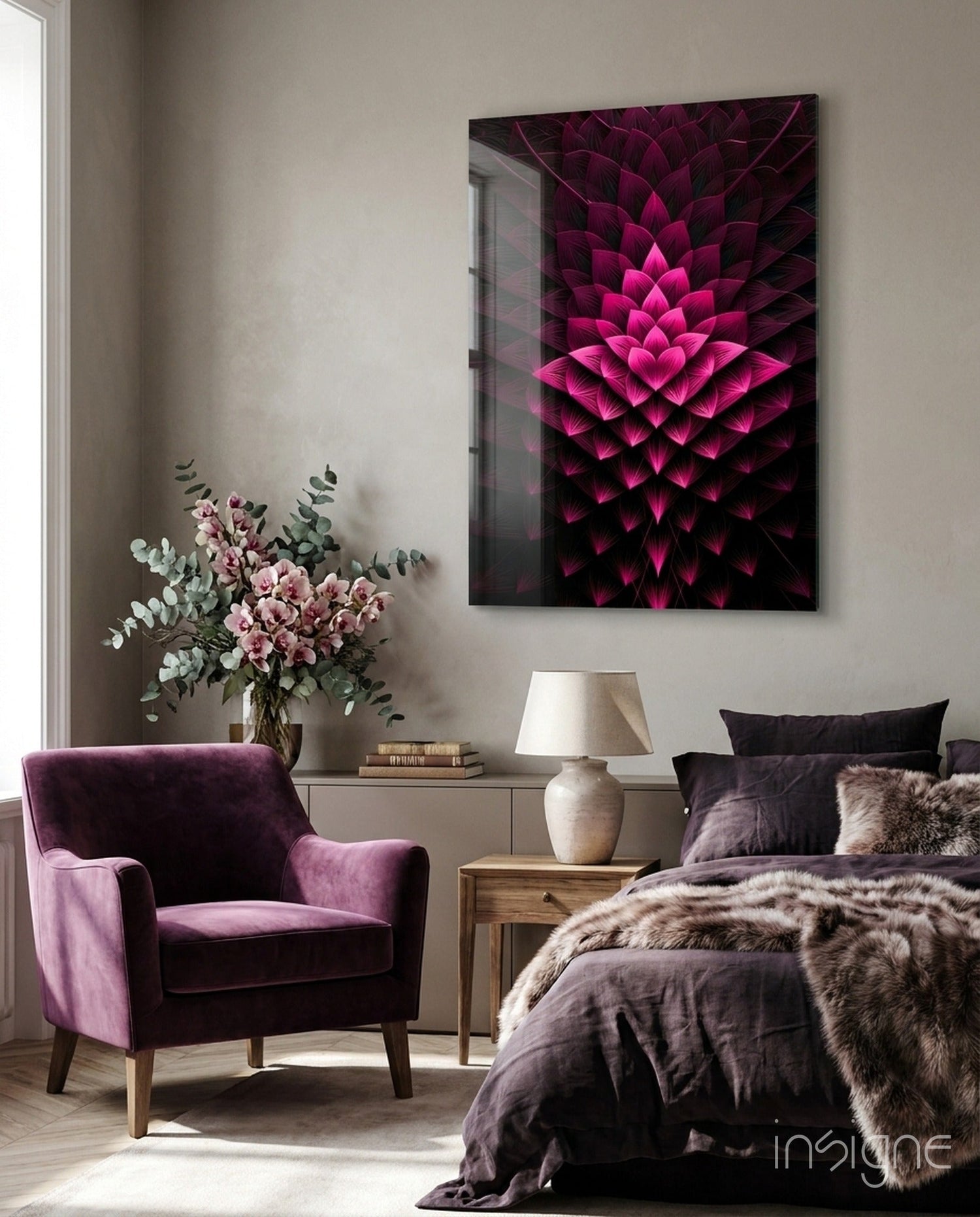 Magenta Layered Lotus Fractal Glass Wall Art