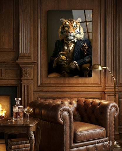 Tiger in Navy Suit Fireside Glass Wall Art
