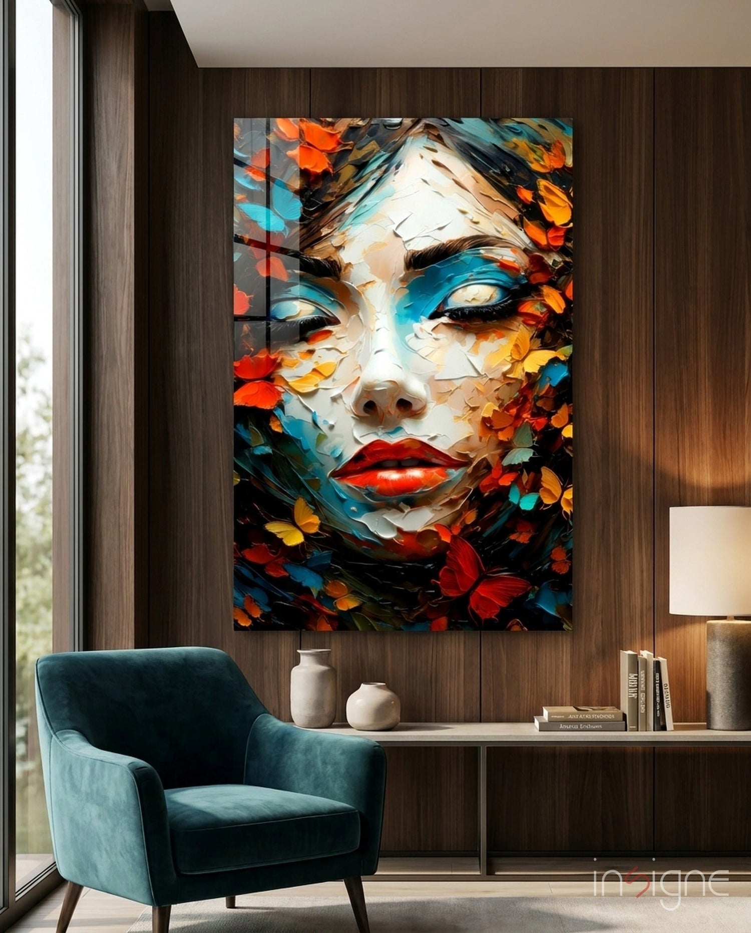 Red Lips Palette Knife Woman in Leaves Glass Wall Art