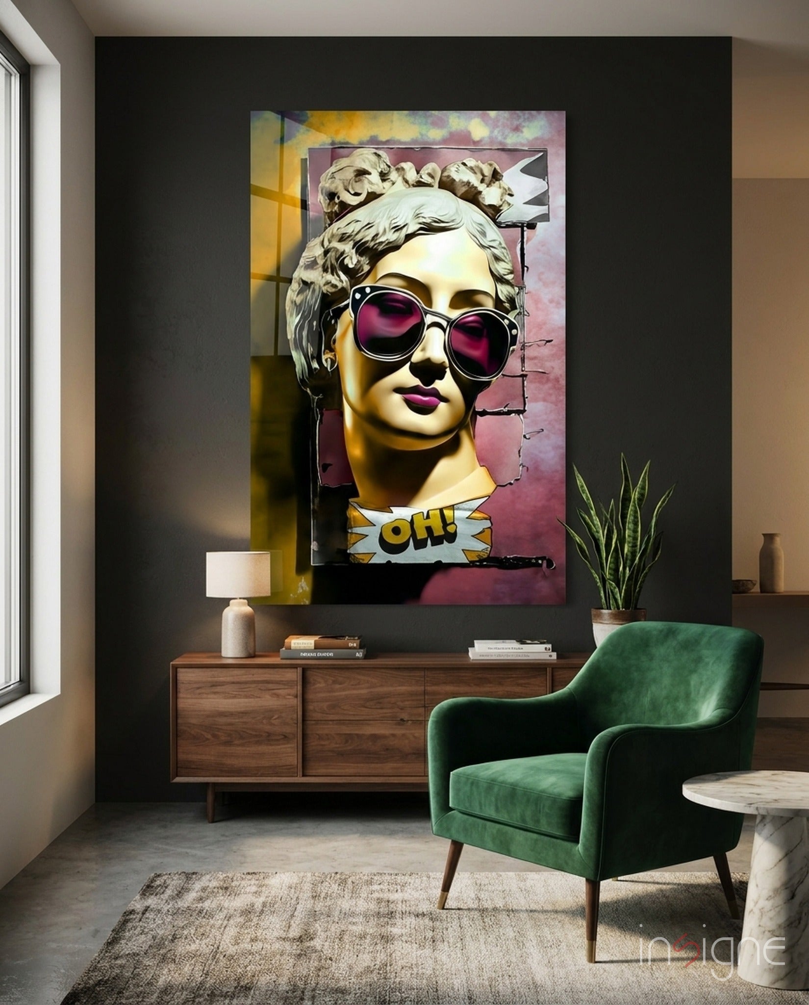 Gold Face Statue Pink Torn Poster Glass Wall Art