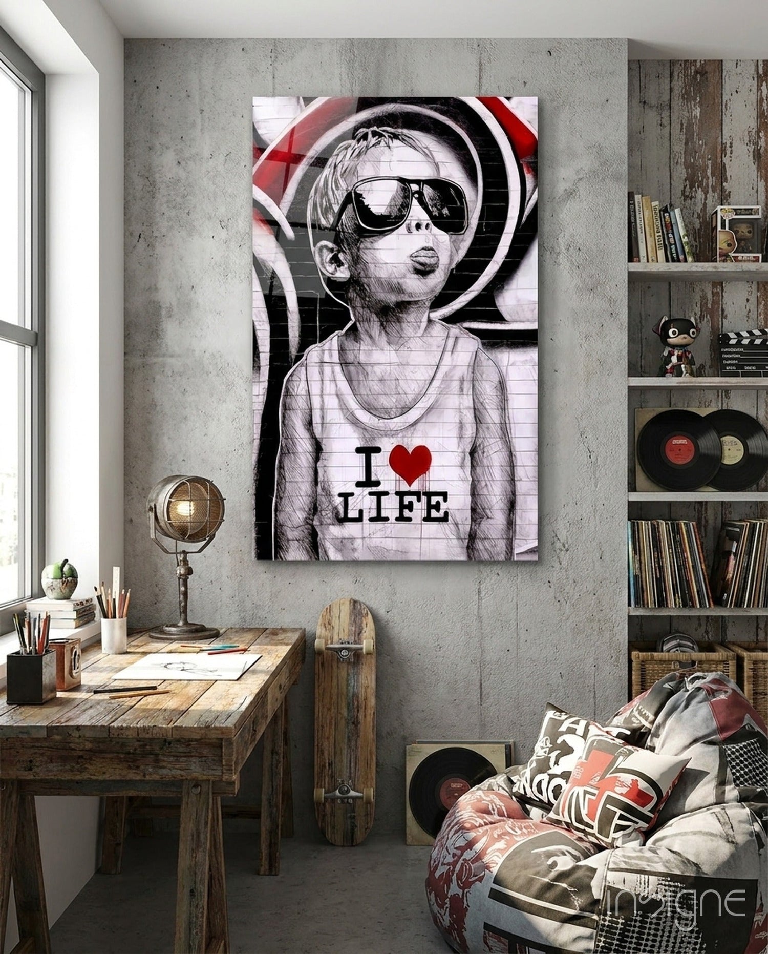 Red Swirl Sunglasses Boy Glass Wall Art