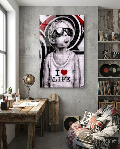 Red Swirl Sunglasses Boy Glass Wall Art