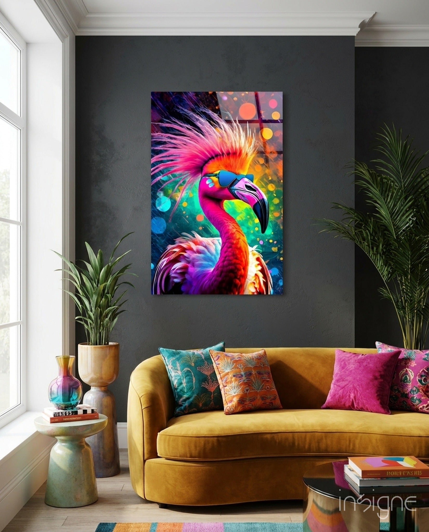 Flamingo in Sunglasses Neon Bokeh Glass Wall Art