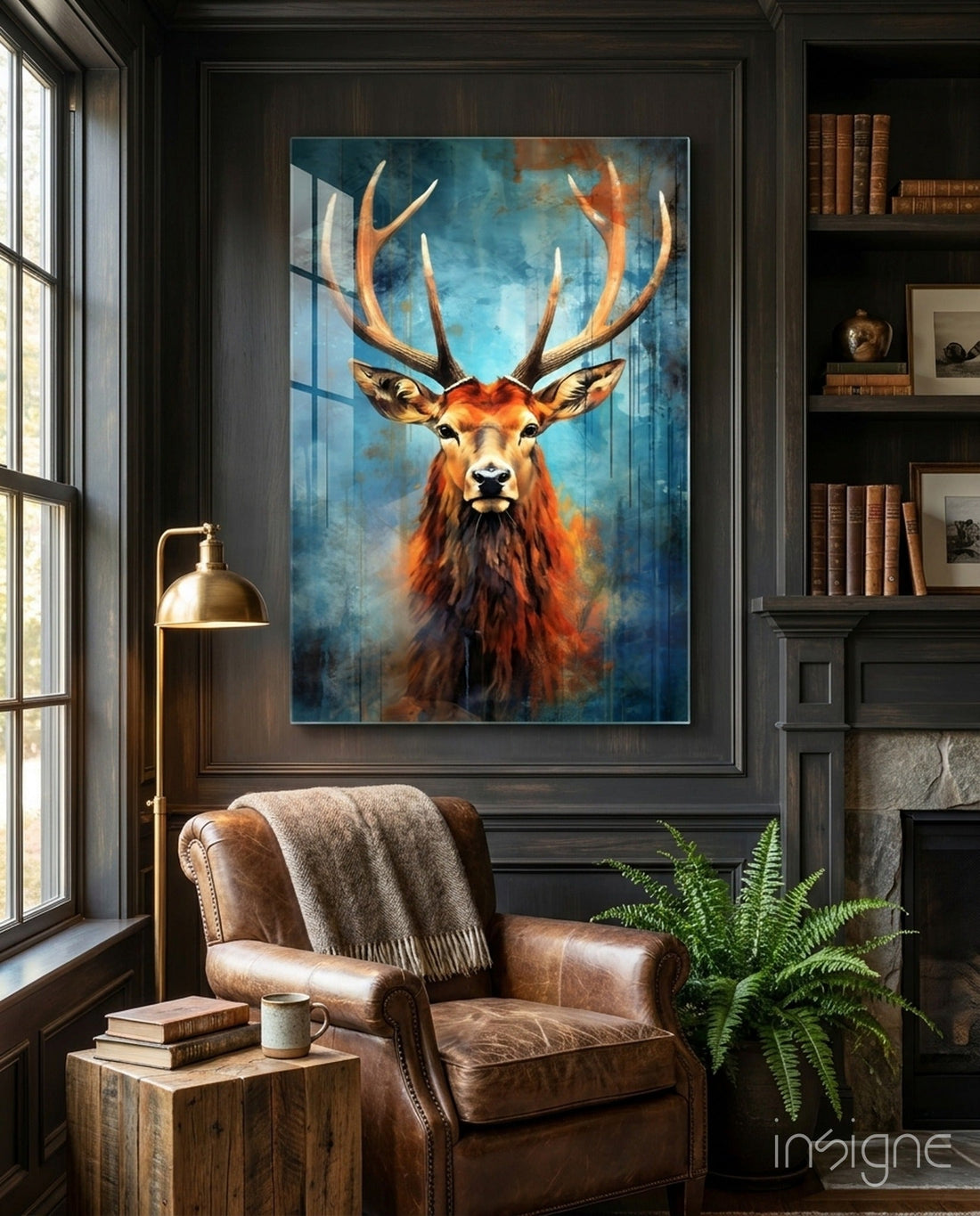 Red Stag Antlers Teal Watercolor Glass Wall Art