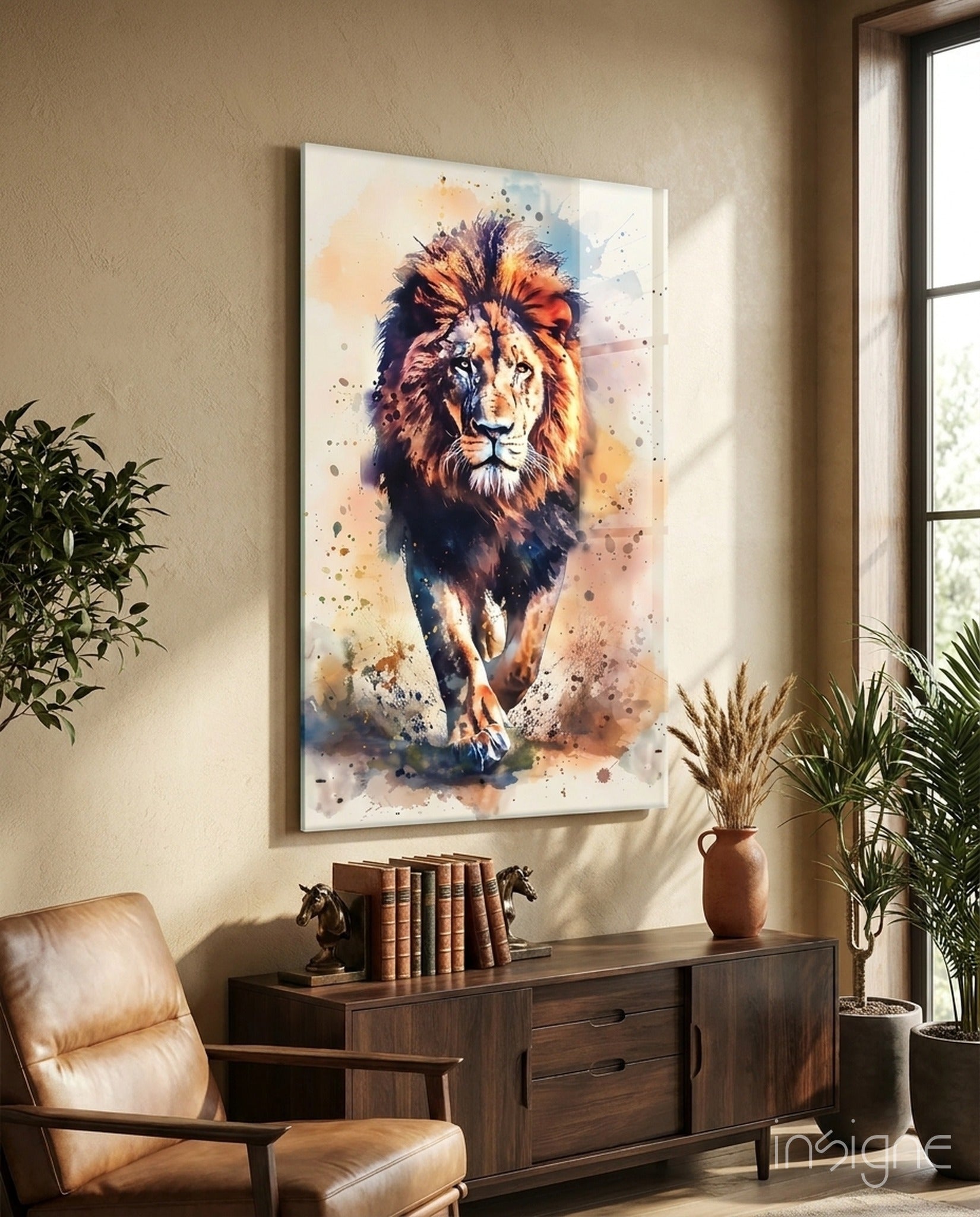 Watercolor Splash Walking Lion Glass Wall Art
