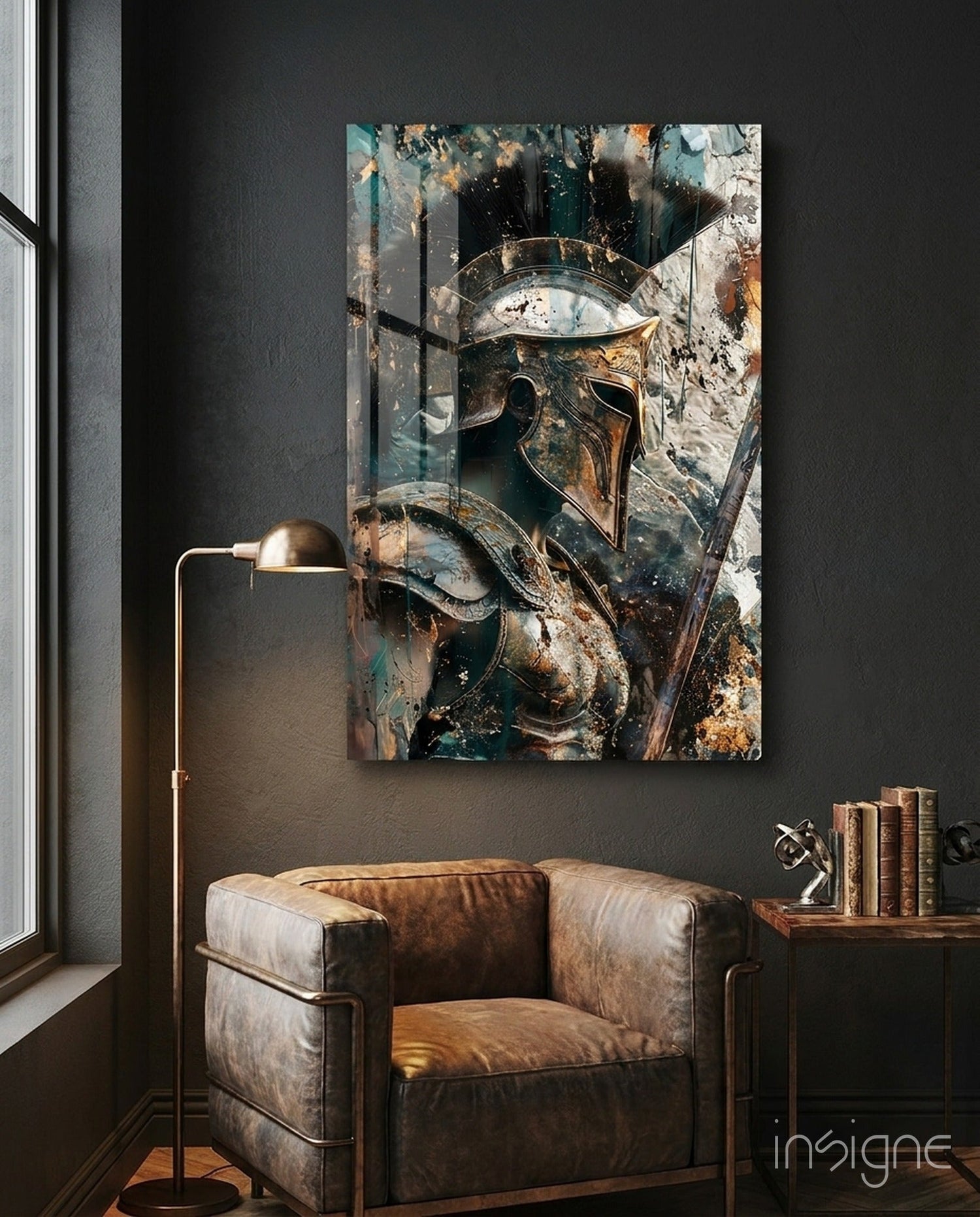 Teal Gold Spartan Helmet Glass Wall Art