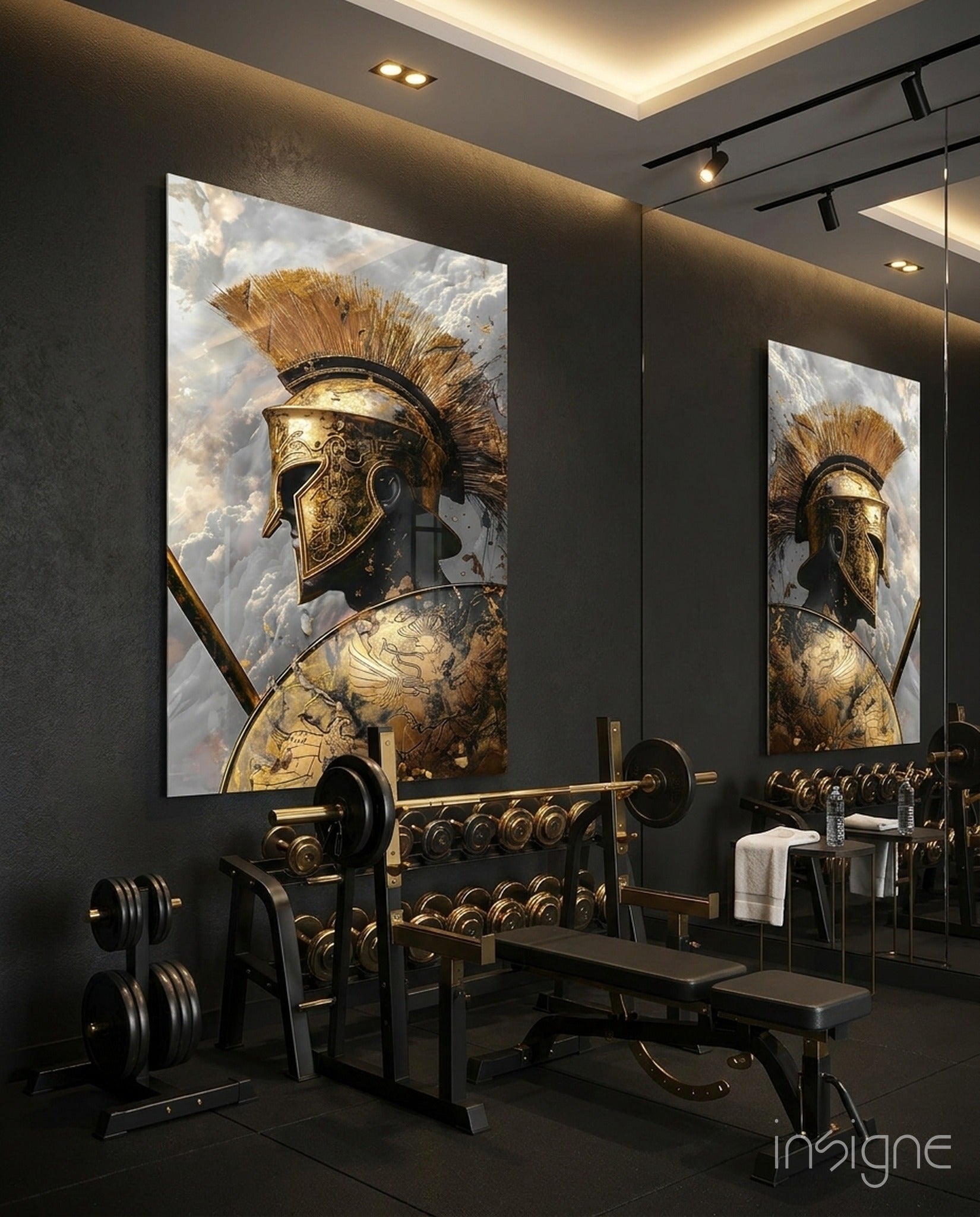 Golden Spartan Helmet Clouds Glass Wall Art