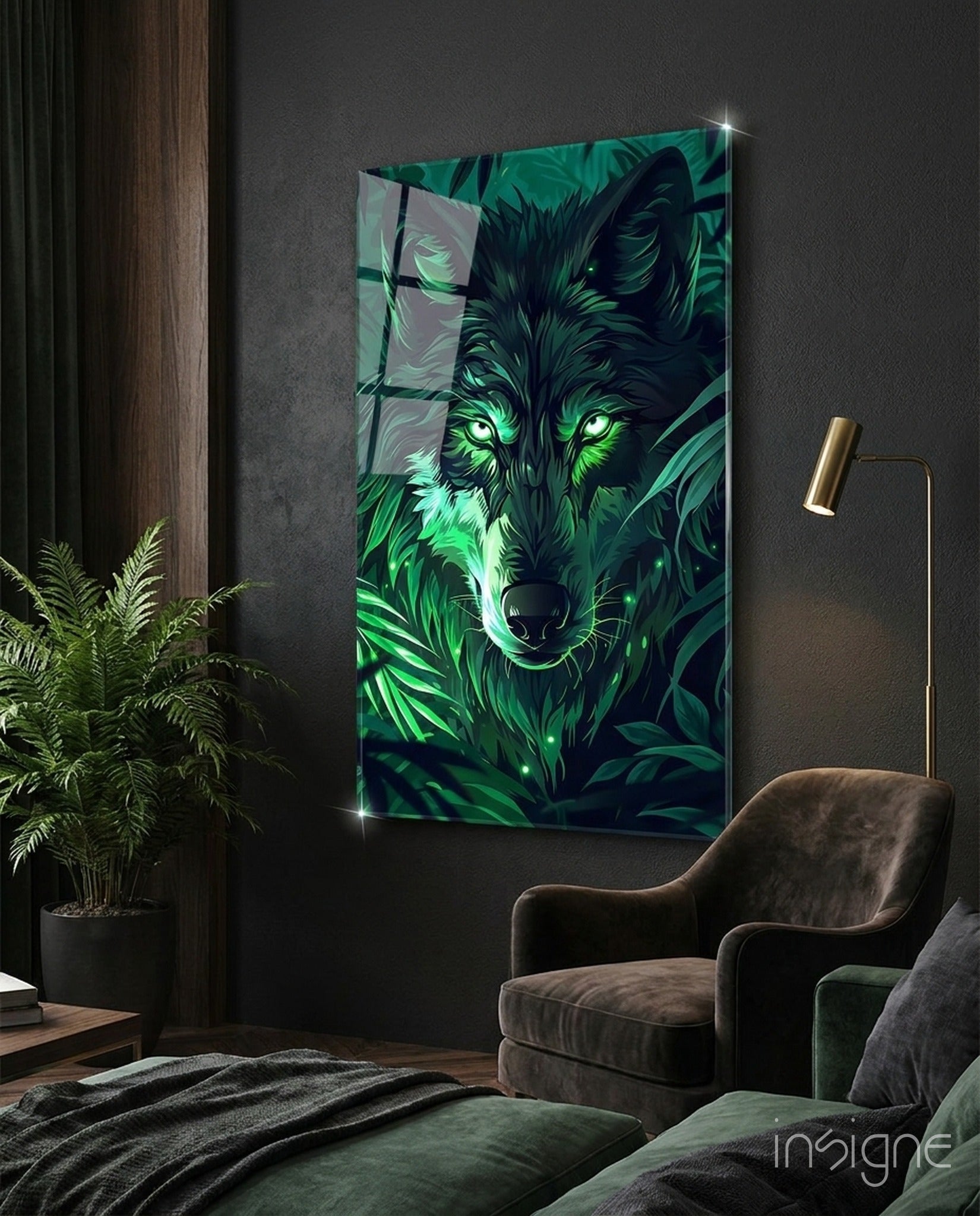 Glowing Green Eyes Fern Wolf Glass Wall Art