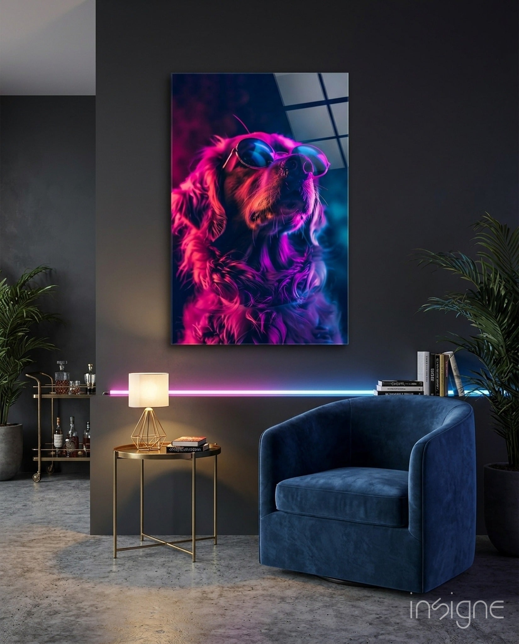 Magenta Glow Retriever Dog with Glasses Glass Wall Art