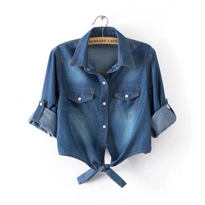 Denim Shirt Short Sleeve Womens Tops Chemise Femme Crop Tops