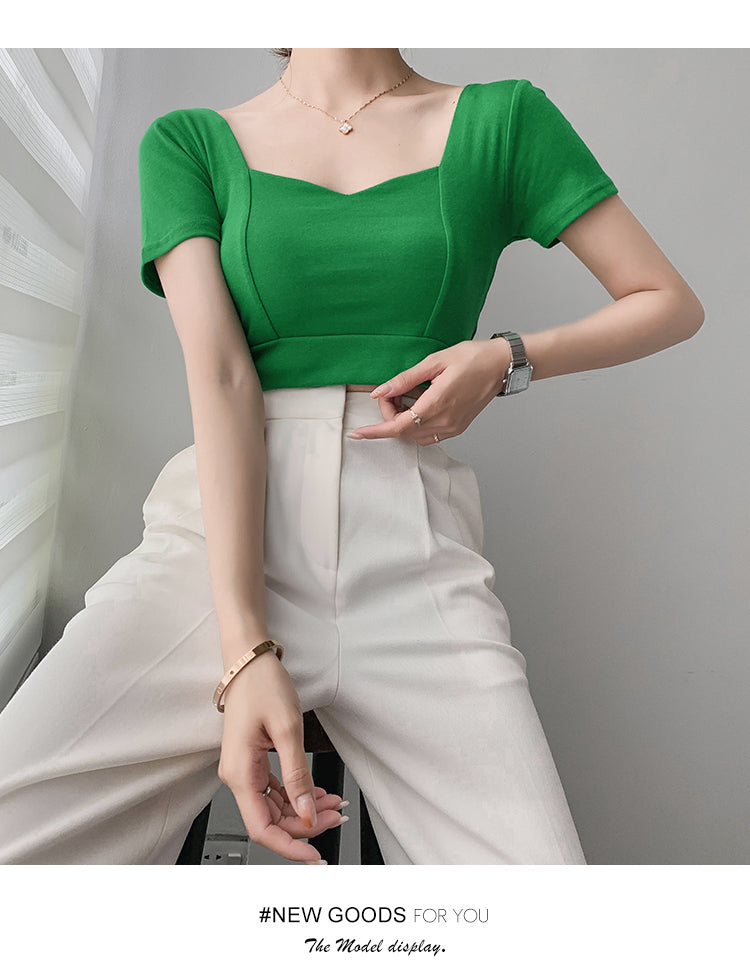 French Clavicle Square Collar Tops Women High Waist Croped Top Short Sleeve T-shirt Female
