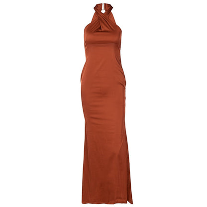 Solid Satin Halter Sleeveless Slim Bodycon Maxi Dress