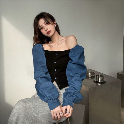Patchwork Denim Shirts Women French Square Collar Puff Blouses Long Sleeve Crop Tops