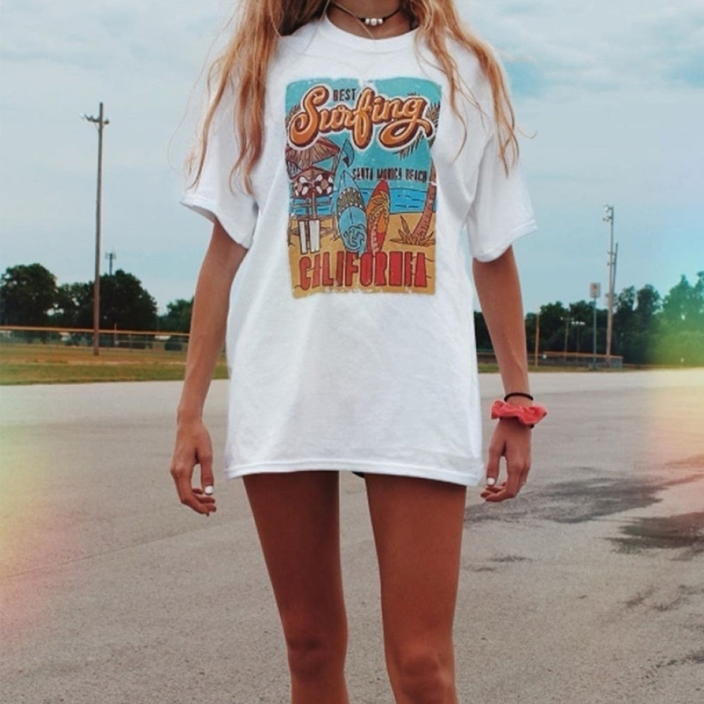 1pcs WHITE Tees Summer Casual Oversized Tee Best Surfing Santa Monica California Womens Retro Style