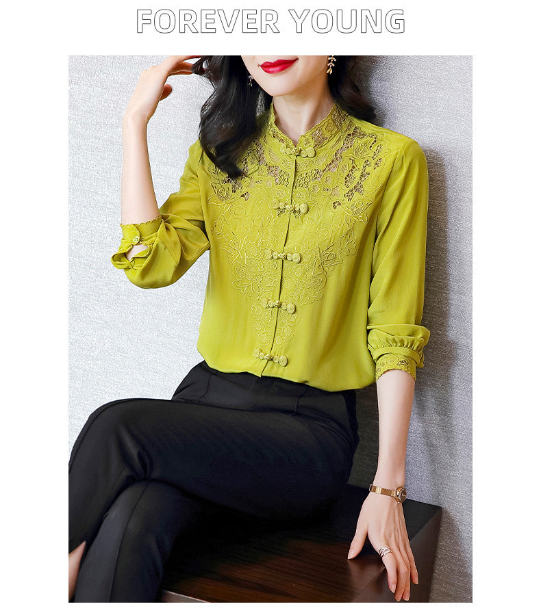 Embroidery Hollow Blouse Women Long Sleeve Imitation Silk Top Loose Vintage Shirt Plus Size