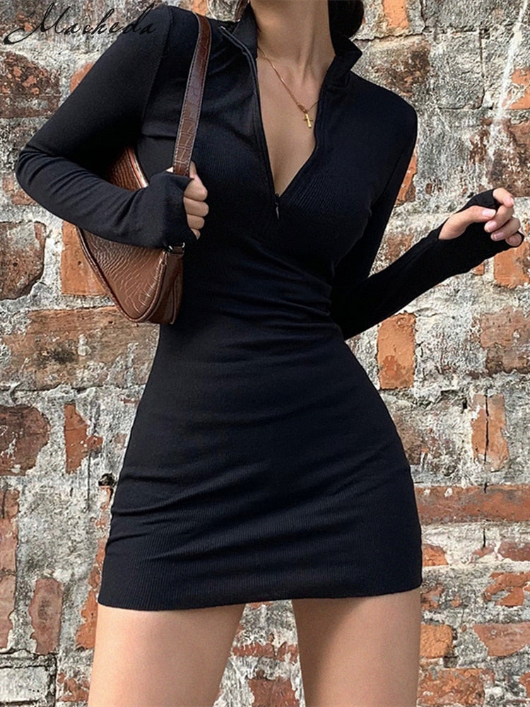 Spring Autumn Stretch Slim Soft Ribbed Knitted Turtleneck Casual Bodycon Zip Dress
