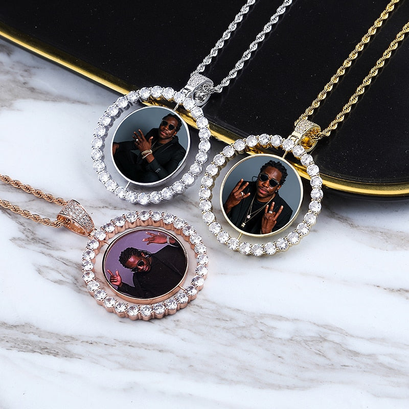 Custom Made Photo Rotating double-sided Medallions Pendant Necklace Men&