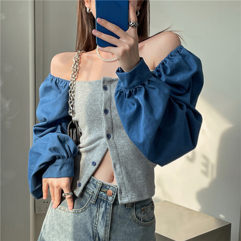 Patchwork Denim Shirts Women French Square Collar Puff Blouses Long Sleeve Crop Tops