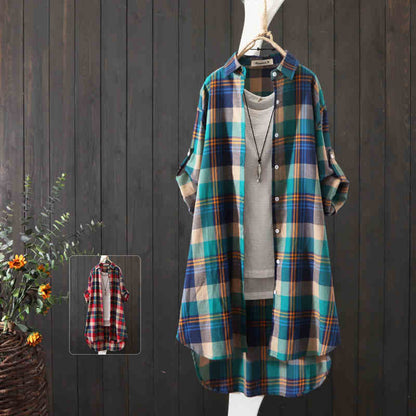 100% Cotton Plaid Shirt Long Sleeve Button Up Casua Loose Blouse Plus Size