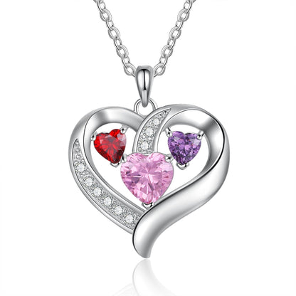Name Engraved Heart Necklaces for Customized 3 Birthstone Necklace