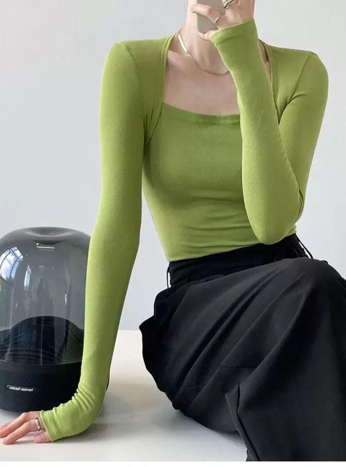 Long Sleeve Tops Women Candy Color Fake Two Piece Skinny T-shirts Female