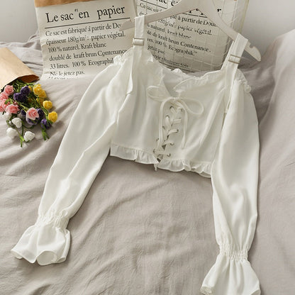 French Bandage Off Shoulder Ruffle Top Female Elegant Long Sleeve Shirt Y2k