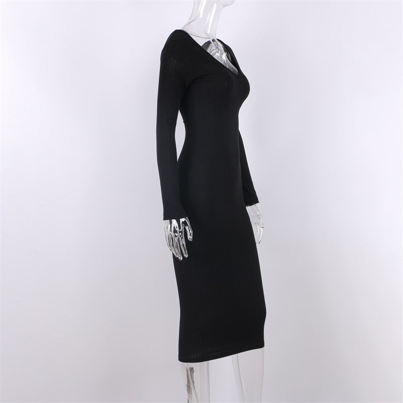 Sexy Bodycon Midi Woman Dress Knitted Long Sleeve V Neck Party Elegant Robe Women&