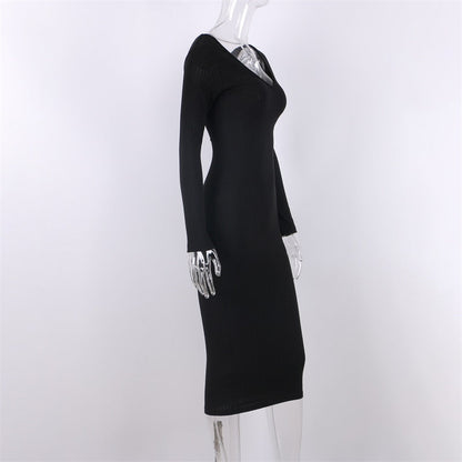 Sexy Bodycon Midi Woman Dress Knitted Long Sleeve V Neck Party Elegant Robe Women&