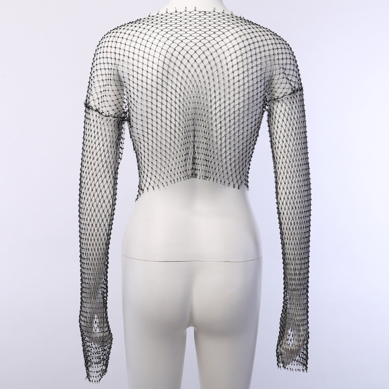 Crystal Diamond See Through Crop Tops Women Hollow Out Beachwear Tops Shiny Sexy Party Top