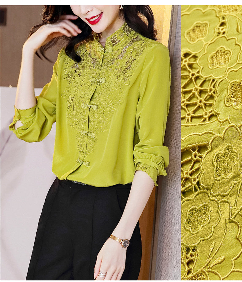 Embroidery Hollow Blouse Women Long Sleeve Imitation Silk Top Loose Vintage Shirt Plus Size