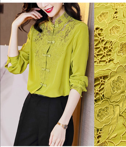 Embroidery Hollow Blouse Women Long Sleeve Imitation Silk Top Loose Vintage Shirt Plus Size