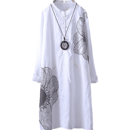 Cotton Shirt Long Sleeve Embroidery Blouse Stand Collar Loose Long Top Office Lady Casual Wear