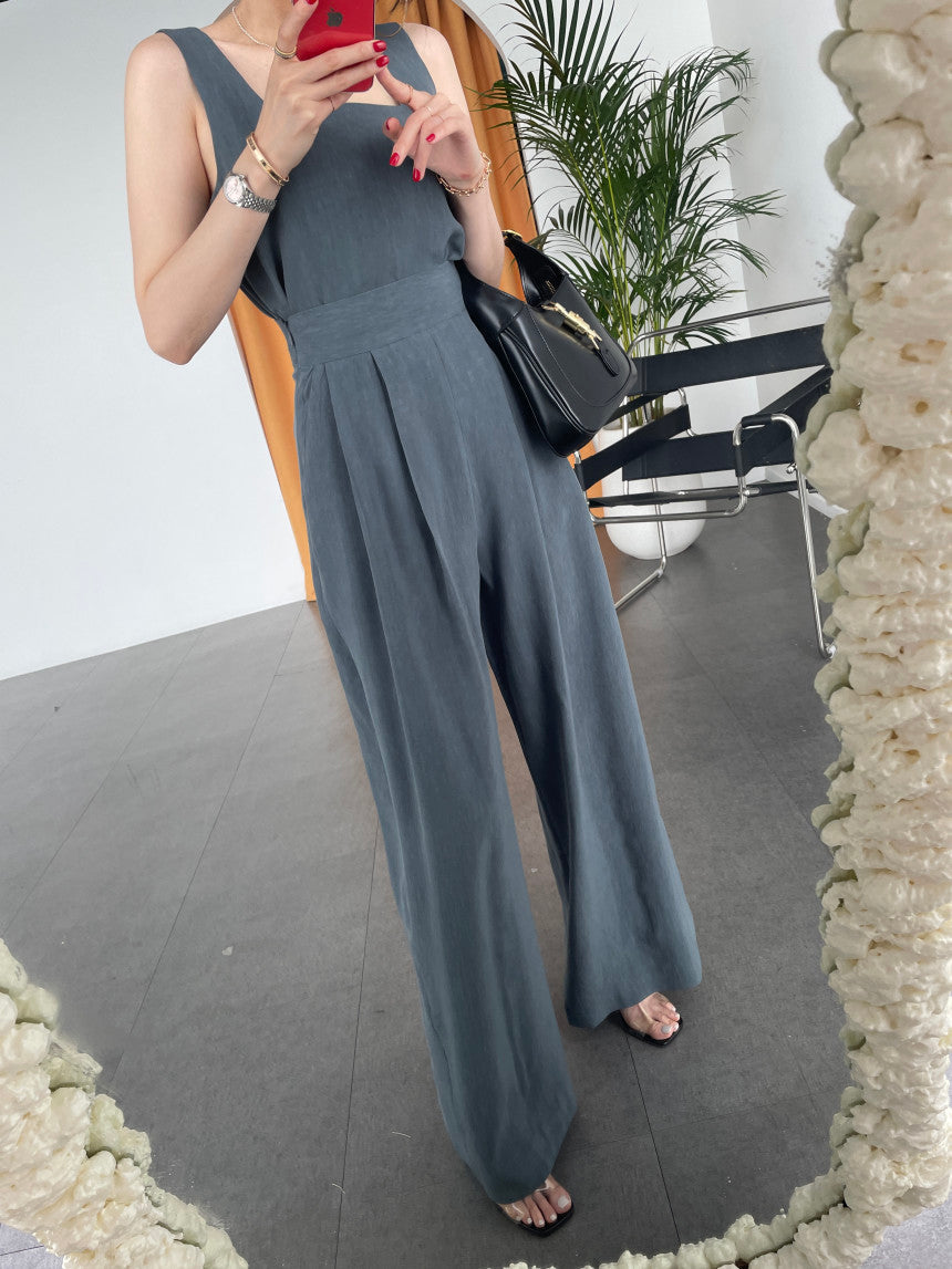 Office Ladies 2-Piece Women Square Neck Loose Vest Top + High Waist Pleated Wide Leg Pants