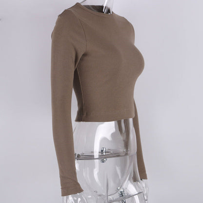 O Neck Long Sleeve Shirt Women Ribbed Sexy Cropped Tops Casual Skinny T Shirts White
