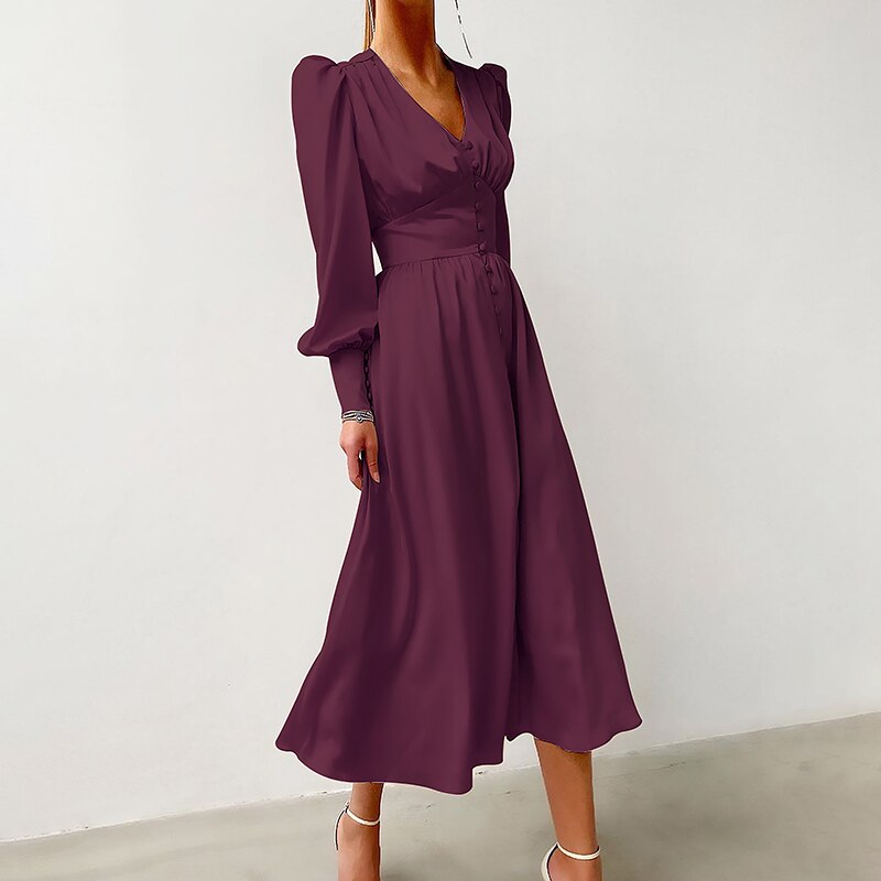 Single Breasted Dress High Waist Satin Long Dress V Neck Women Midi Dresses Lantern Sleeve