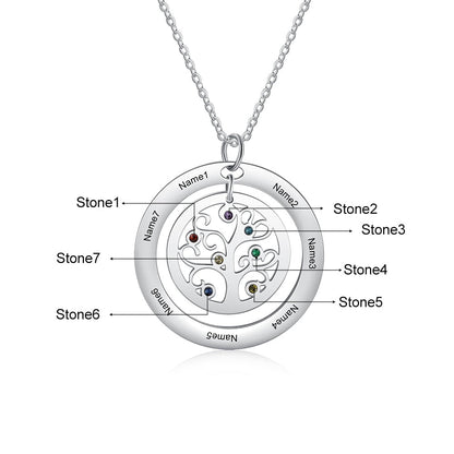 Tree of Life Name Necklace with Birthstone Name Engraved Pendant Family