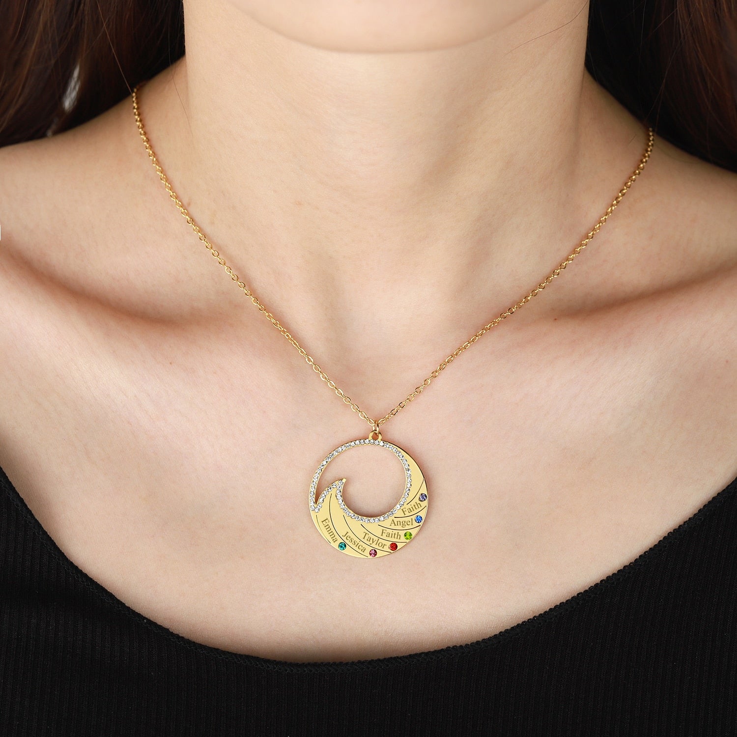 Personalized Name Necklace Pendant For Women Birthstone Crystal Necklaces Wave